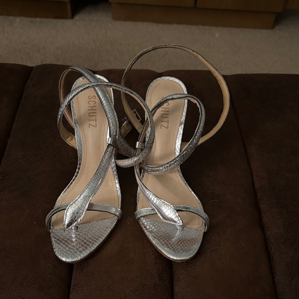 SCHUTZ Metallic Silver Strappy Heels